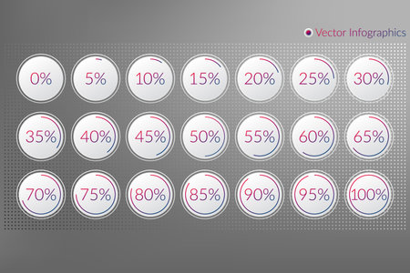 Percentage vector infographic icons set. 0 5 10 15 20 25 30 35 40 45 50 55 60 65 70 75 80 85 90 95 100 percent isolated pie chart signs for business, web design, downloading, progressのイラスト素材