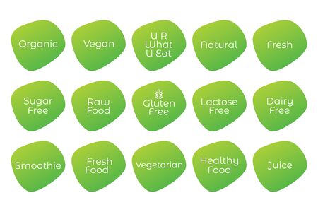 Organic, Vegan, Gluten Free, Natural, Fresh, Sugar, Raw, Lactose, Healthy Food, Smoothie, Juice, Vegetarian icons. Vector green set for design, product sticker, label, symbolのイラスト素材