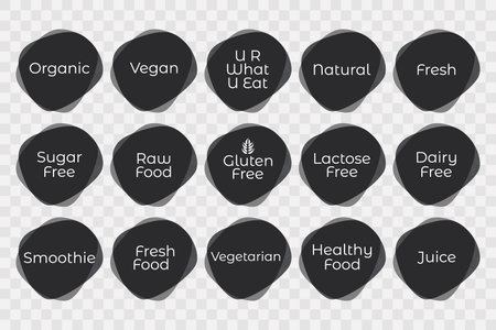 Organic, Vegan, Gluten, Sugar, Dairy, Lactose Free, Natural, Fresh, Raw, Healthy Food, Smoothie, Juice, Vegetarian icons. Vector set for design, product sticker, label, symbolのイラスト素材