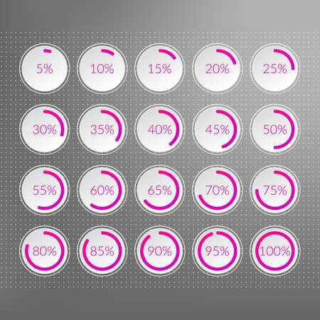 Percentage vector infographic icons set. 5 10 15 20 25 30 35 40 45 50 55 60 65 70 75 80 85 90 95 100 percent chart signs for business, web design, download, progressのイラスト素材