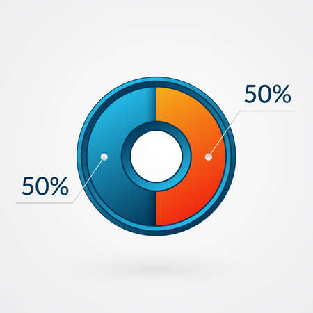 50 percent isolated pie chart. Percentage vector, infographic blue and orange gradient icon. Fifty circle sign for business, finance, web design, download, progressのイラスト素材