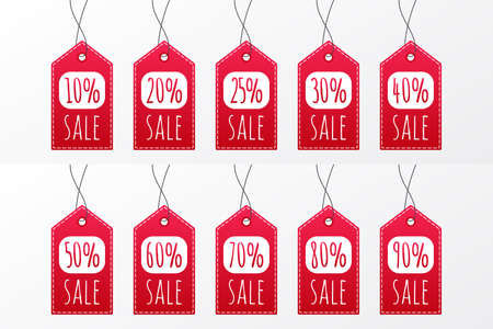 10 20 25 30 40 50 60 70 80 90 percent sale vector icon. Red shopping tag sign. Illustration for advertisement, discount, business, shop, design, labelのイラスト素材
