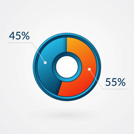 55 45 percent isolated pie chart. Percentage vector, infographic blue and orange gradient icon. Circle sign for business, finance, web design, download, progressのイラスト素材