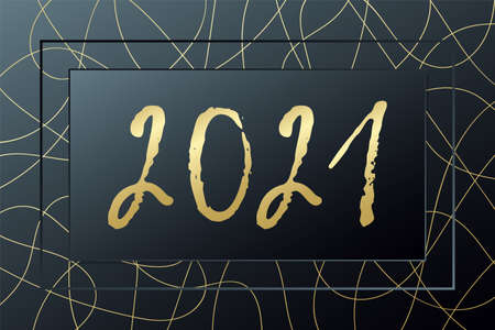 2021 Happy New year vector greeting card. Golden icon with hand drawn lines. Banner for celebration, congratulation, winter holiday, web, design, decorationのイラスト素材