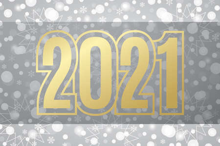 2021 Happy New Year gold sign. Christmas snowflake background. Snow illustration for decoration, celebration, design, greeting card, winter holidayのイラスト素材