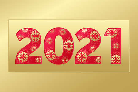 2021 Happy New Year gold and red icon with stars. Vector greeting card. Golden gradient banner for celebration, congratulation, web, design, decorationのイラスト素材