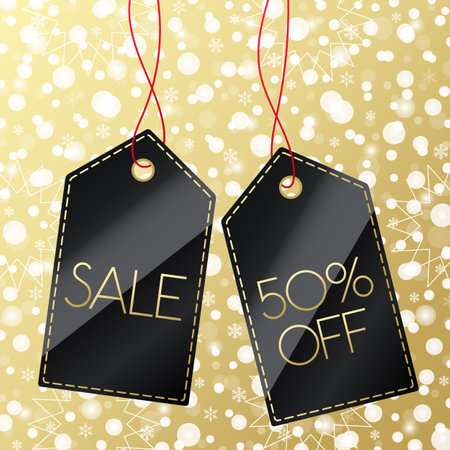 Sale 50% off shopping tag. Vector icon with snow Christmas pattern. Snowflake winter background. Black and gold labelのイラスト素材