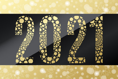 2021 circle vector symbol. Snow background. Happy New Year golden illustration for decoration, celebration, winter holiday, design. Gold gradient bubble iconのイラスト素材
