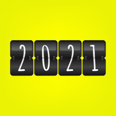 2021 Happy New Year scoreboard vector illustration. Decorative black and white flip symbol on yellow background. Infographic sign for web design, celebration, decorationのイラスト素材