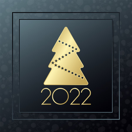 2022 Happy New year vector greeting card. Christmas tree golden icon with snowflake background. Banner for celebration, congratulation, web, design, decorationのイラスト素材