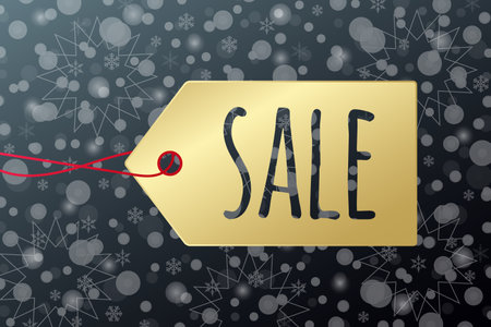 Sale icon. Shopping tag vector icon with snow pattern. Snowflake winter background. Gold and red label for winter seasonのイラスト素材