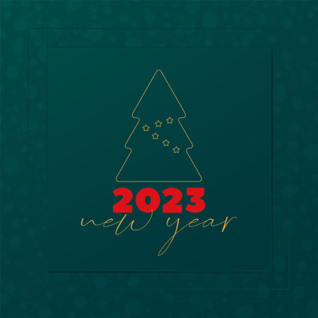 2023 New Year vector greeting card. Christmas tree icon with stars and snowflake background. Green yellow and red banner for celebration, congratulation, decorationのイラスト素材