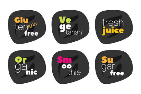 Gluten, Sugar Free, Organic, Vegetarian, Smoothie, Fresh Juice vector icon set. Isolated label, symbol for food, product sticker, design elementのイラスト素材