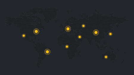 World icon with map pointers. Vector background for web page, global business, network, connection, communication, template, sample, infographics, travel. Gray and yellow illustrationのイラスト素材