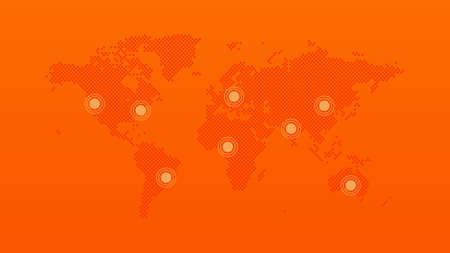 World vector symbol with map pins. Infographic background for web page, global business, network, connection, communication, template, sample, design, travel. orange gradient illustrationのイラスト素材