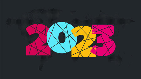 2023 New Year vector icon. colorful symbol. world map background. Element for celebration, holiday,...