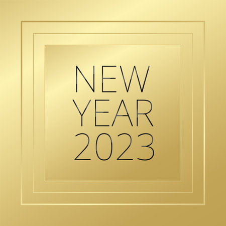 2023 New Year vector greeting card. Glowing golden background. Banner for celebration, congratulation, web, design, glitter frame, decoration, winter holidayのイラスト素材