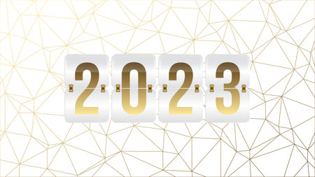 2023 New Year scoreboard sign on golden background. Vector gradient flip symbol for business, infographic, celebration, decoration, web icon. Gold low poly patternのイラスト素材
