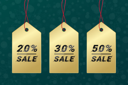 20% 30% 50% sale sign. Vector gold label on green background. Snowflakes and stars winter pattern. Golden illustration for business, shopping, advertising, web designのイラスト素材