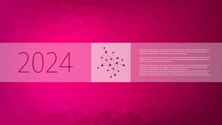Polygonal vector, low poly pattern. Pink gradient triangle background, neural network, sample text. Illustration for 2024 new year infographic, web, design elements, business, science, landing pageのイラスト素材