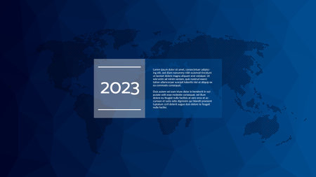 2023 year infographic with World Map, sample text. Blue gradient triangle pattern. Polygonal vector background for web design, business, finance, landing page, template, global presentationのイラスト素材