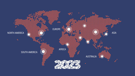 Vector World Map with pointers. North, South America, Europe, Asia, Africa, Australia. Illustration for 2023 year infographics, web page, global business, communication, travel, destinationsのイラスト素材