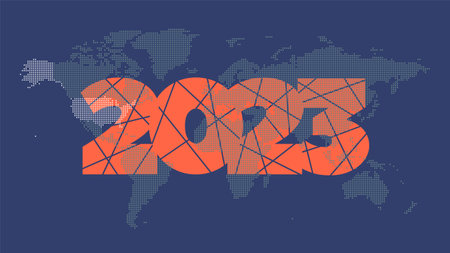 2023 vector icon with lines. World map dotted background. Element for global business, web design, infographic, pageのイラスト素材