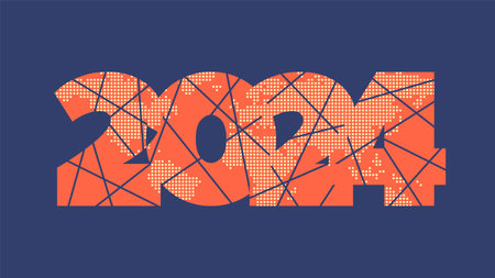 2024 vector icon with lines and dotted world map. Element for global business, new year, web design, infographic illustration, symbol, signのイラスト素材