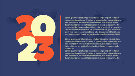 2023 year icon. vector symbol with sample text. dotted world map background. Element for business, web design, infographic, event, page, presentation, plan. Blue, orange illustrationのイラスト素材