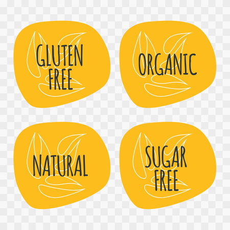 Organic Gluten Sugar Free Natural vector icon. product sticker set. Yellow black white isolated sign on transparent background. Illustration symbol for food, label, healthy eating, lifestyle, diabetes, diet, design elementのイラスト素材
