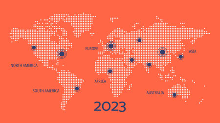 Vector World Map with pointers. North, South America, Europe, Asia, Africa, Australia. Illustration for 2023 year infographics, web page, global business, communication, travel, destinationsのイラスト素材