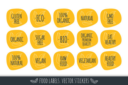 Organic Gluten Sugar Free Vegan Eco 100% Natural Vegetarian Eco Bio vector icon. product sticker set. isolated sign. Illustration symbol for food, label, healthy eating, diet, design elementのイラスト素材