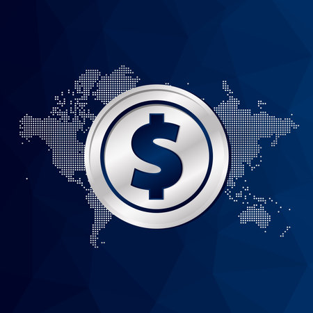 American dollar sign. Triangle background with world map. Vector coin illustration. USA currency symbol. Money icon for global business, finance, trade, paymentのイラスト素材