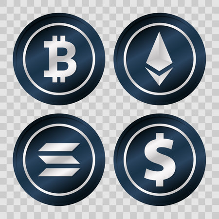 Bitcoin Ethereum Solana US Dollar sign. Isolated vector illustration. Blockchain technology, crypto currency symbol. Virtual money icon for business, finance, digital global trade, paymentのイラスト素材