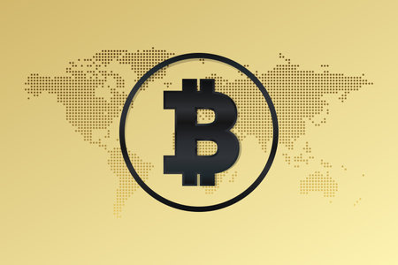 Bitcoin vector sign. Gold background with world map. Blockchain technology, crypto currency symbol. Virtual money icon for business, finance, digital global trade, paymentのイラスト素材