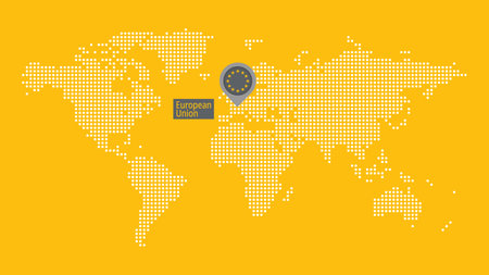European Union, EU flag icon. Vector dotted World Map infographic symbol. International global illustration for pin icon, business, web design, presentation, travel. Yellow, white, gray illustrationのイラスト素材