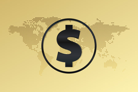 American dollar sign. Golden background with world map. Vector gold and black illustration. USA currency symbol. Money icon for global business, finance, trade, paymentのイラスト素材