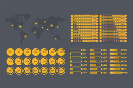 5 10 15 20 25 30 35 40 45 50 55 60 65 70 75 80 85 90 95 100 percent chart. world map. Vector percentage set for download, infographic, progress, business, finance, report, presentationのイラスト素材