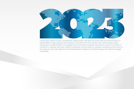 2023 blue gradient year vector icon with dotted world map. Abstract gray background. Element for global business, web design, infographic illustration, symbol, signのイラスト素材