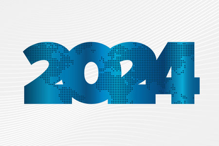 2024 blue gradient vector icon with dotted world map. White gray background, wave pattern. Element for new year, global business, web design, infographic illustration, symbol, signのイラスト素材