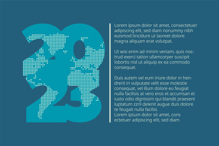 2023 year icon with dotted world map. Vector background with sample text. Element for business, web design, infographic, event, page, presentationのイラスト素材