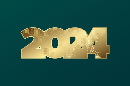 2024 New Year golden symbol with world map contour. Gold gradient illustration. Vector sign for web design, business, finance, presentationのイラスト素材