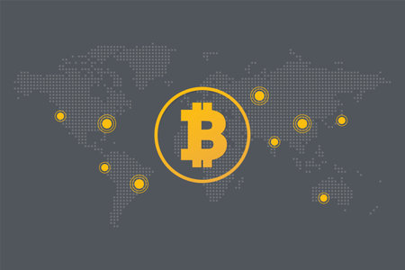 Bitcoin circle sign. Vector dotted world map background. Blockchain technology, crypto currency symbol. Virtual money icon for business, finance, digital global trade, payment, worlwide, exchangeのイラスト素材