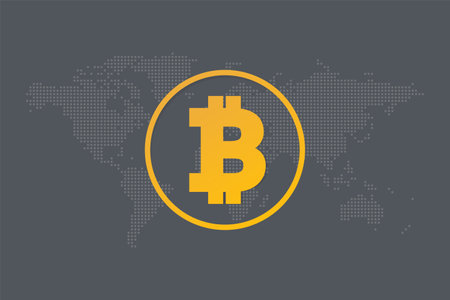 Bitcoin yellow circle sign. Vector dotted world map background. Blockchain technology, crypto currency symbol. Virtual money icon for business, finance, digital global trade, payment, worldwide, exchangeのイラスト素材