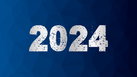 2024 New Year silver symbol with blue low poly background. Gradient triangle pattern. Vector illustration for winter holiday, celebration, design, business, presentationのイラスト素材