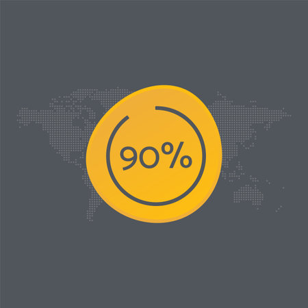 90 percent chart. Vector symbol. Percentage infographic sign. Dotted world map background....