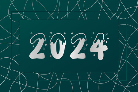 2024 Happy New Year background. Hand drawn lines pattern. Green and silver vector illustration for holiday, celebration, design, greeting cardのイラスト素材