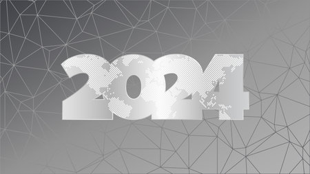 2024 year sign with world map contour. Triangle background. Vector gradient silver symbol for business, infographic, web design, presentation. Low poly patternのイラスト素材