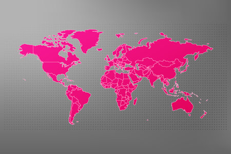 World map with country borders. Pink gradient vector symbol on dotted gray background. Illustration for business, web design, travel, presentationのイラスト素材