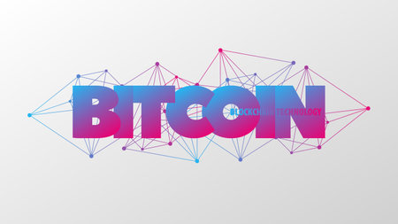 Bitcoin sign. Low poly vector network pattern. Blockchain technology, crypto currency symbol. Virtual money icon for business, finance, digital global trade, payment, worldwide, exchange. Blue pink gradient design elementのイラスト素材